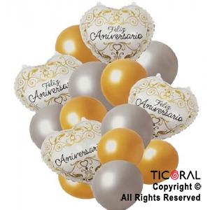 SET DE GLOBOS METALIZADOS FELIZ ANIVERSARIO ORO Y PLATA x 16 UNIDADES